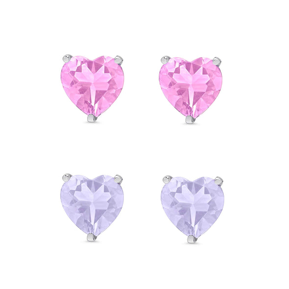 Heart CZ Stud Earrings Set in Sterling Silver (Pink/Lavender)