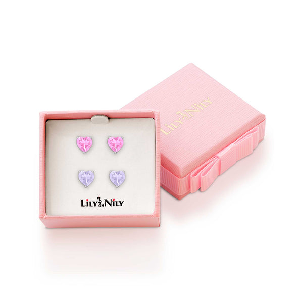Heart CZ Stud Earrings Set in Sterling Silver (Pink/Lavender)