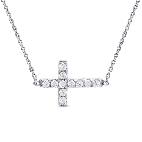Sideways Cross CZ Necklace in Sterling Silver