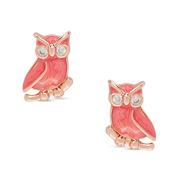 Owl Stud Earrings with CZ - Rose